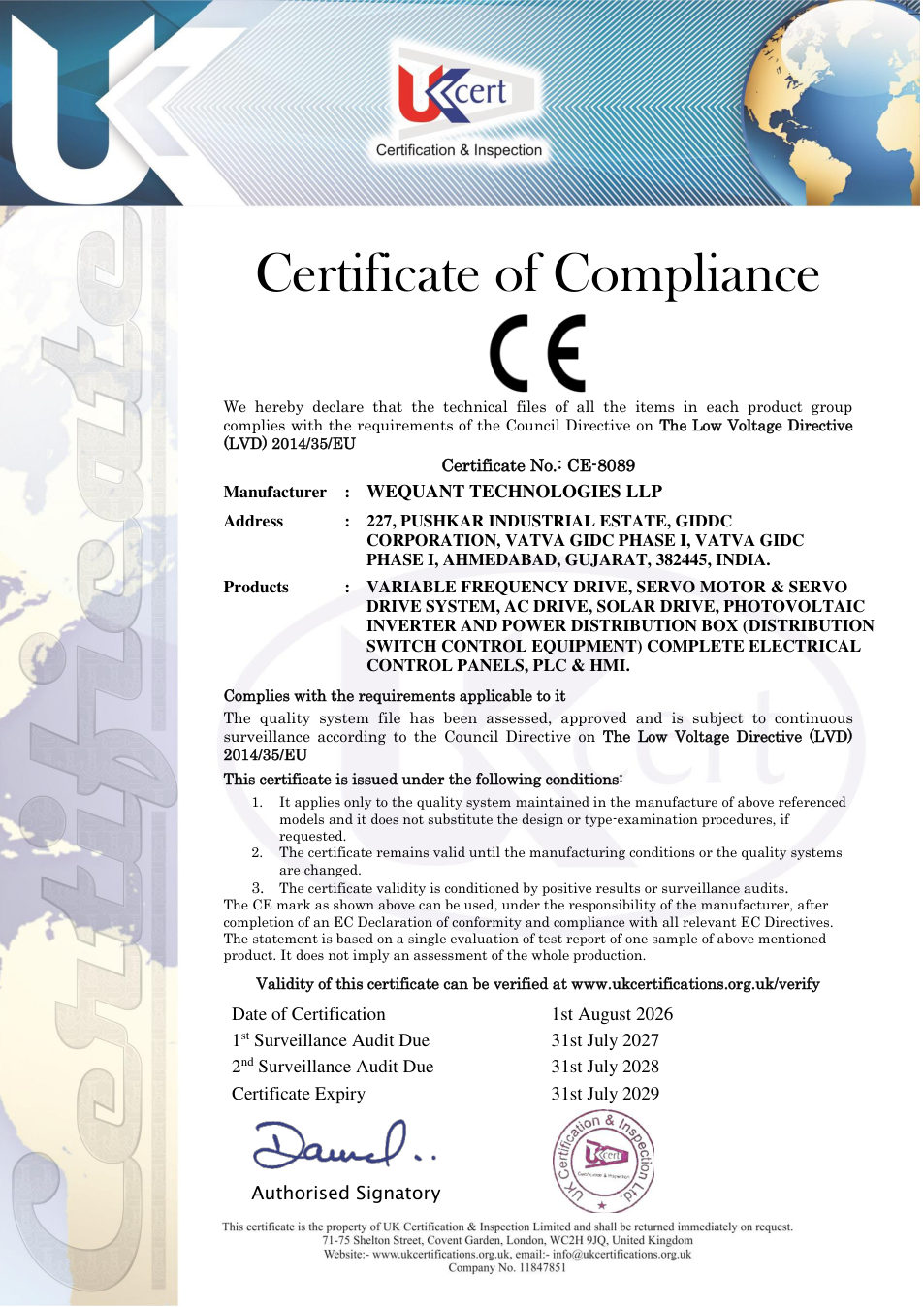 CE Certificate of Compliance